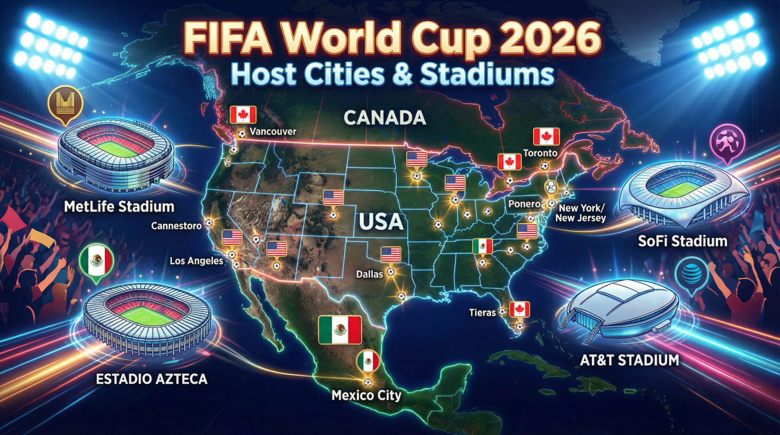FIFA World Cup 2026 Host Cities And Stadiums All 16 Venues FIFA World Cup 2026 Host Cities Map 1536x857 